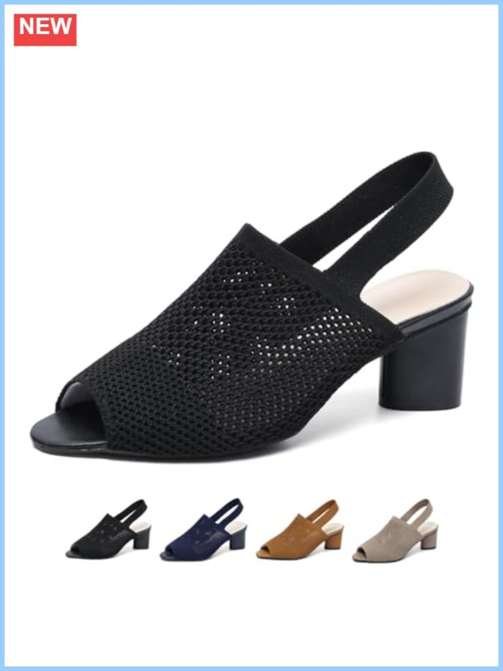 Women's Knit Peep Toe Chunky Block Heeled Sandals with Ankle Strap Slingback